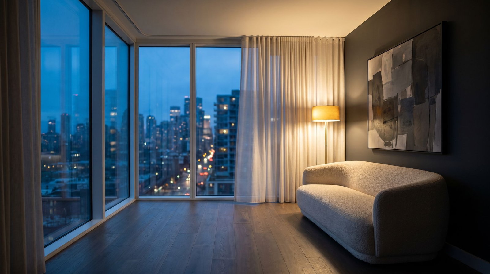 Interior de un departamento moderno con vista a la ciudad